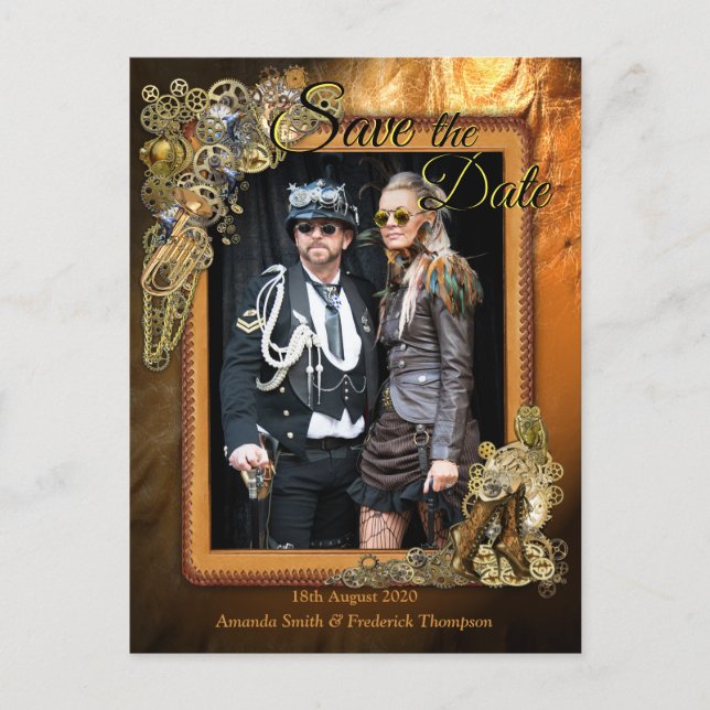 Gothic - Steampunk On leather Save the Date Announcement Postcard (Front)