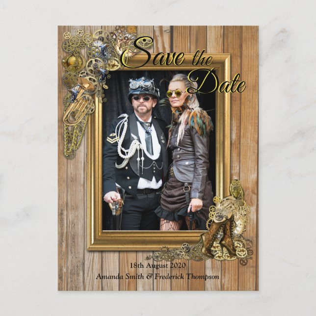 Gothic - Steampunk On Wood Save the Date Announcement Postcard (Front)