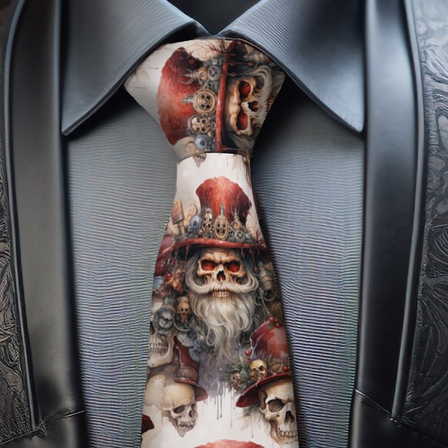 Gothic Steampunk Santa Skull Red Top Hat Christmas Tie (Get your steampunk on with this festive Steampunk Santa Tie. Show your Gothic Style at Christmas.)