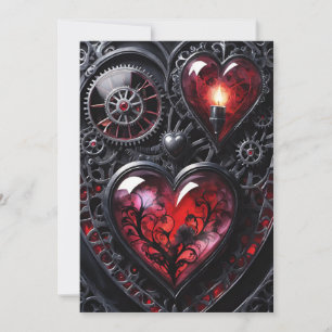 Gothic Steampunk Valentine Red & Black Gear Hearts Holiday Card