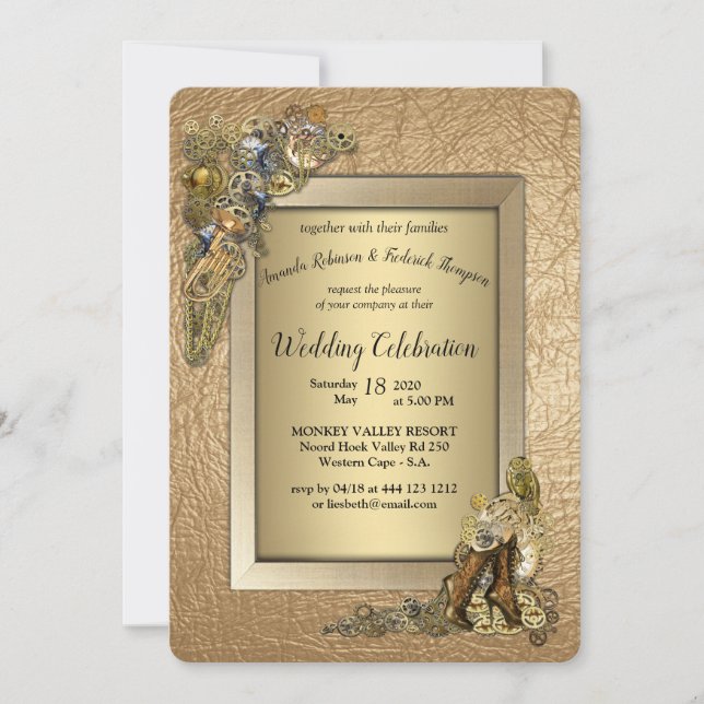 Gothic - Steampunk Wedding On gold leather Invitation (Front)