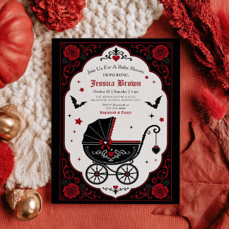 Gothic Stroller Red& Black Halloween Baby Shower Invitation