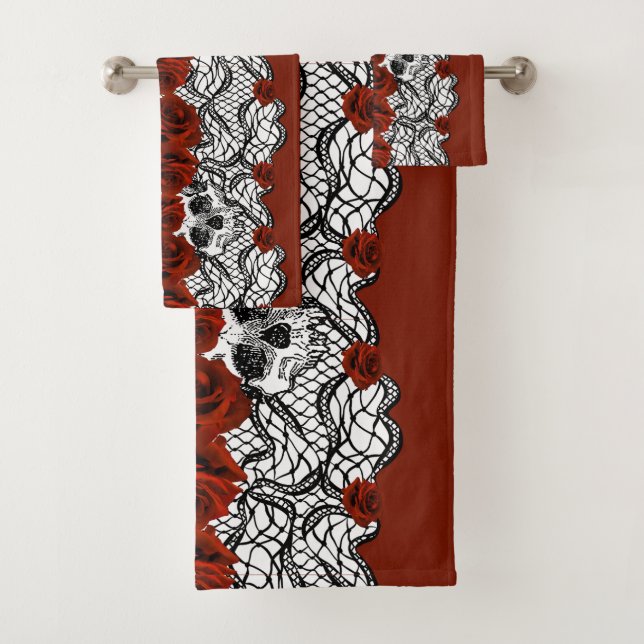 Gothic  style,black lace,skulls and red roses bath towel set (Insitu)