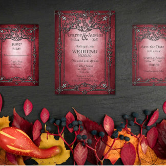 Gothic Style Dark Burgundy Silver Frame Wedding Invitation