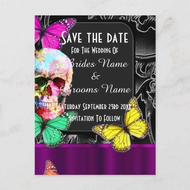Gothic sugar skull and black save the date announcement postcard (Front)