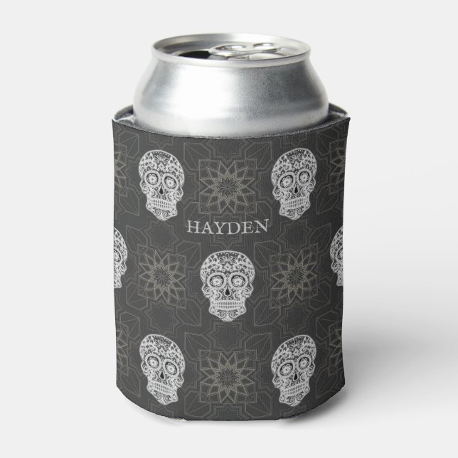 Gothic Sugar Skull and Grey Geometric Personalised Can Cooler (Can Front)