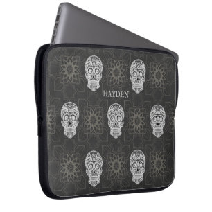 Gothic Sugar Skull and Grey Geometric Personalised Laptop Sleeve