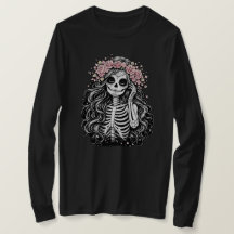 Gothic Sugar Skull Girl with Pink Floral CrT-Shirt