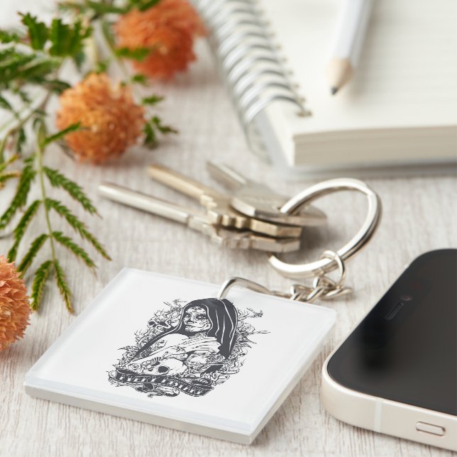 Gothic Sugar Skull Woman Tattoo Art Keychain (Front Right)