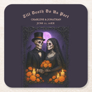 Gothic Sugar Skulls Couple Wedding Square Paper Coaster