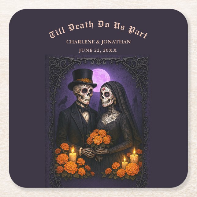 Gothic Sugar Skulls Couple Wedding Square Paper Coaster (Front)