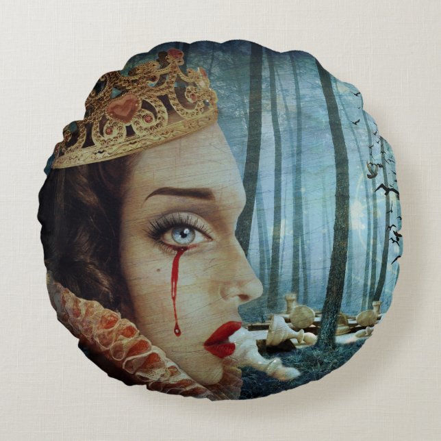 Gothic Surreal Unique Collage Sad Queen of Hearts Round Pillow (Front)