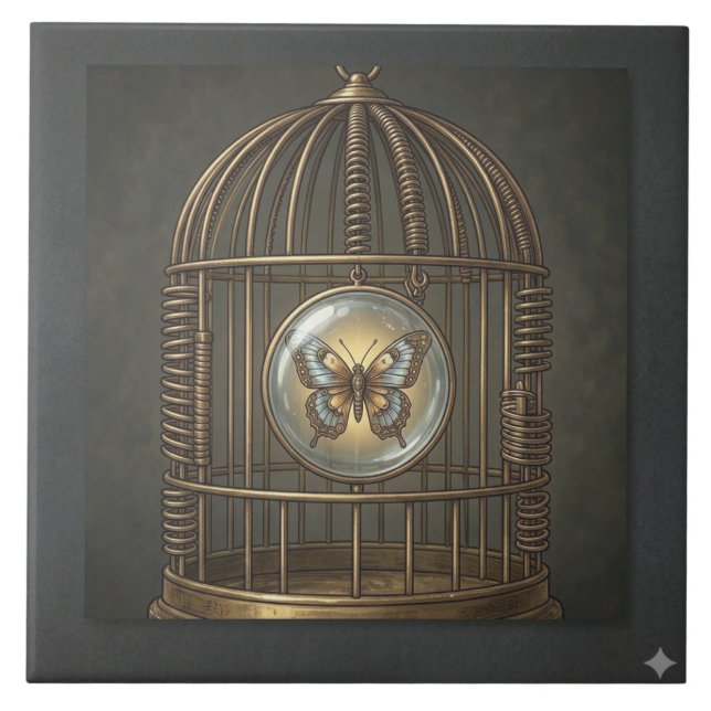 Gothic Surrealism Butterfly Birdcage Fine Art  Tile (Front)