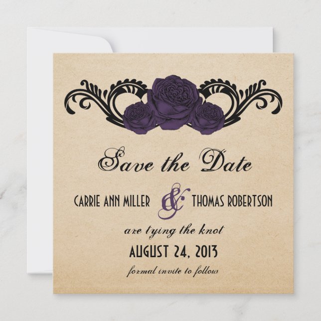 Gothic Swirl Roses Save the Date Invite, Purple (Front)