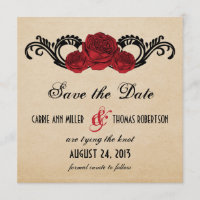 Gothic Swirl Roses Save the Date Invite, Red