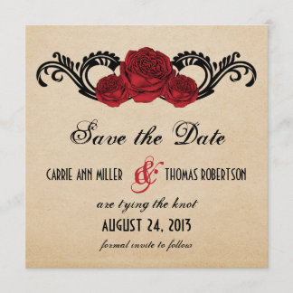 Gothic Swirl Roses Save the Date Invite, Red