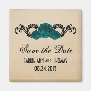 Gothic Swirl Roses Save the Date Magnet, Teal Magnet