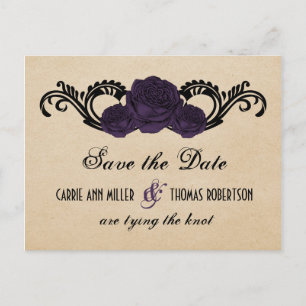 Gothic Swirl Roses Save the Date Postcard, Purple Announcement Postcard