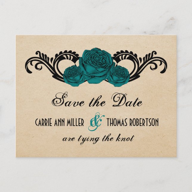 Gothic Swirl Roses Save the Date Postcard, Teal Announcement Postcard (Front)