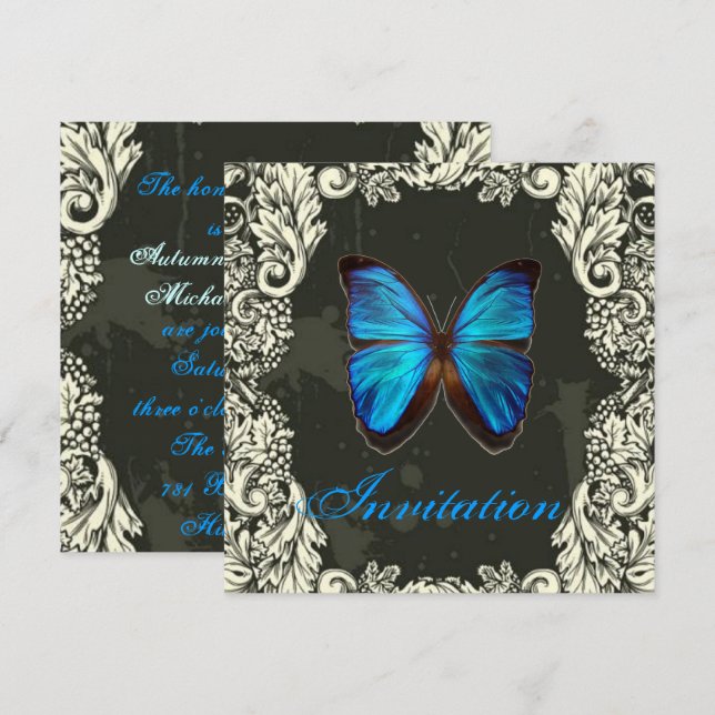 Gothic Swirls Blue Butterfly steampunk Wedding Invitation (Front/Back)