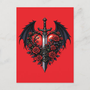 Gothic Sword Heart with Bat Wings  Postcard
