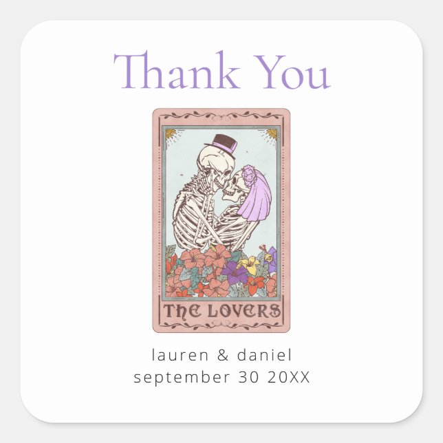 Gothic Tarot Card Lovers Wedding Thank You Square Sticker (Front)