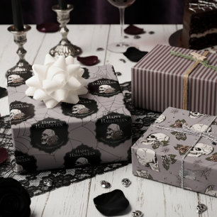 Gothic Taupe Grey Skulls and Stripes Halloween Wrapping Paper Sheet
