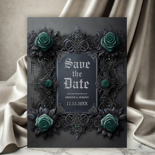 Gothic Teal Blue Roses on Grey Save the Date Announcement Postcard (Gothic Teal Roses on Dark Gray Wedding Save the Date)