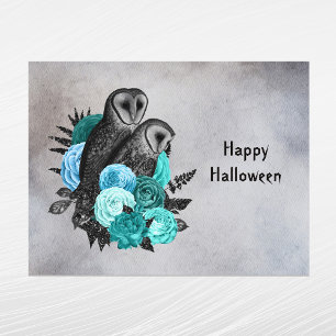 Gothic Teal Floral Owls Halloween Holiday Postcard