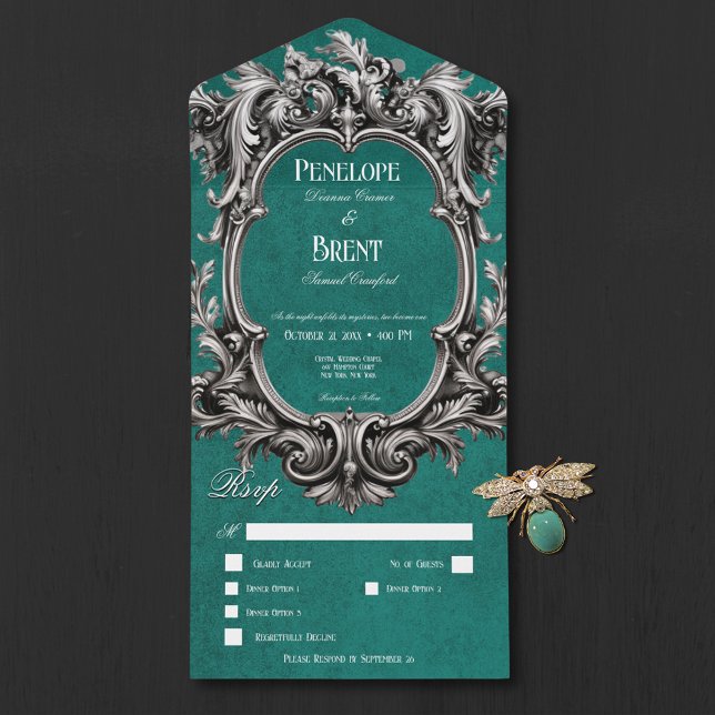 Gothic Teal Moody Victorian Frame Dinner All In One Invitation (Gothic Teal Moody Victorian Frame Dinner All In One Invitation)