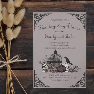 Gothic Thanksgiving Skulls, Pumpkin & Fall Leaves Invitation