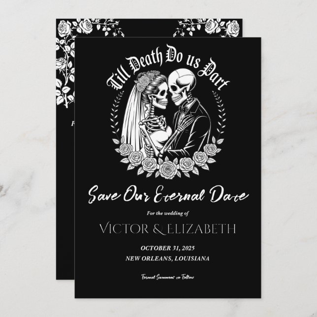 Gothic Till Death Black Elegant Skeleton Wedding Save The Date (Front/Back)