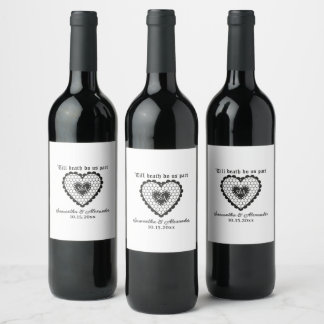 Gothic Till Death Monogram Black Lace Heart Weddin Wine Label