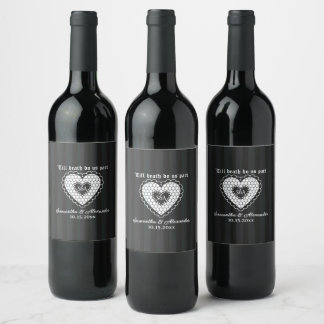 Gothic Till Death Monogram Black Lace Heart Weddin Wine Label