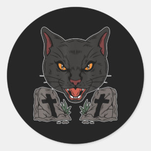 Gothic Tombstone Scary Black Cat Goth Halloween Classic Round Sticker