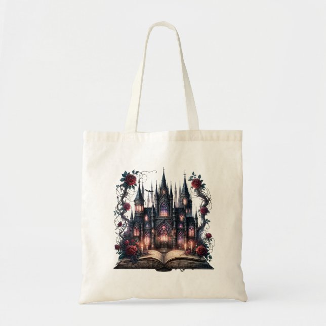 Gothic Tote Bag with Open Book, Castle & Roses (Front)