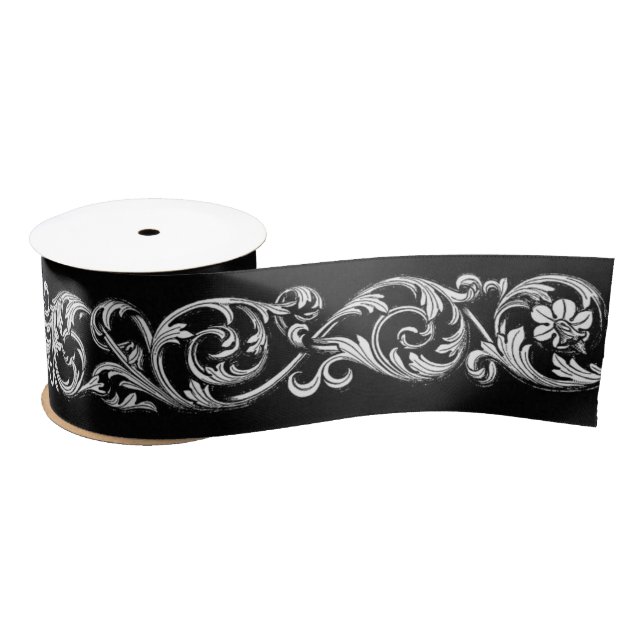 Gothic trim black and white ornamental scroll satin ribbon (Spool)