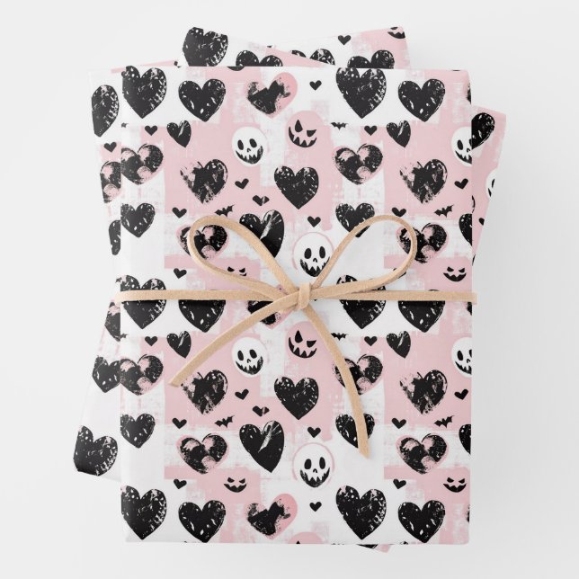 Gothic Valentine Black and Pink Hearts  Wrapping Paper Sheet (In situ)