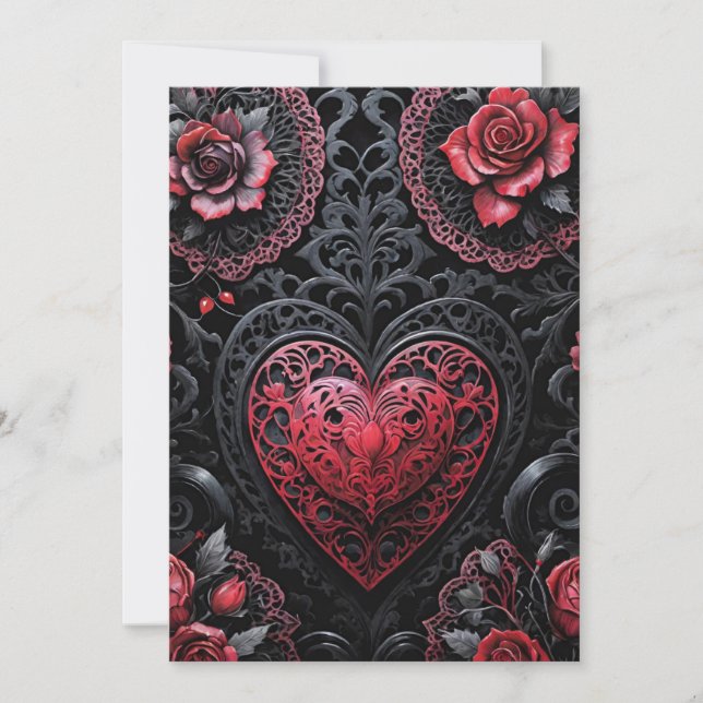 Gothic Valentine Red & Black Hearts & Roses Holiday Card (Front)