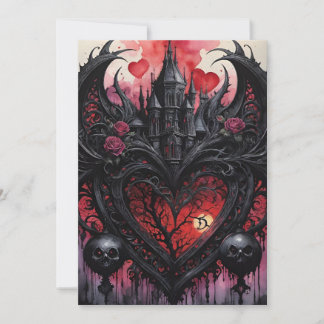 Gothic Valentine Red Hearts Black Castle Holiday Card
