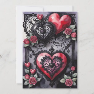 Gothic Valentine Red Hearts Black Lace & Roses Holiday Card
