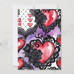 Gothic Valentine Red Hearts Black Lace & Roses Holiday Card