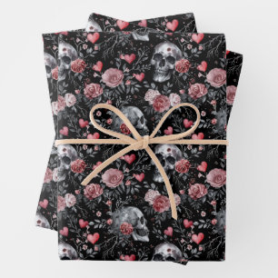Gothic Valentine Skulls with Hearts  Wrapping Paper Sheet