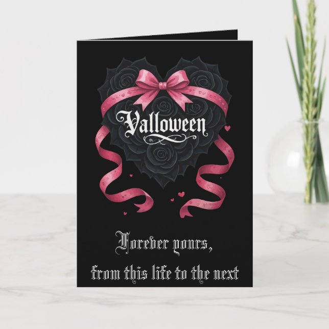 Gothic Valloween Script Roses and Garlands Holiday Card (Front)