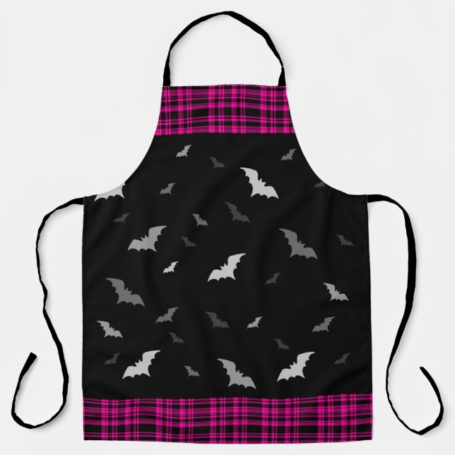 Gothic Vampire Bats Plaid Black & Pink Apron (Front)
