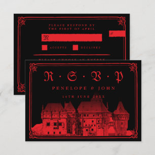 Gothic Vampire Castle Black Red Entree Wedding RSVP Card