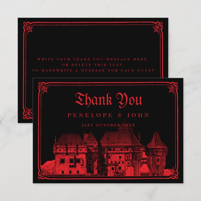 Gothic Vampire Castle Black Red Wedding Thank You Card (Front/Back)