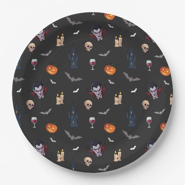 🧛‍♂️ Gothic Vampire Halloween Black Paper Plate  (Front)