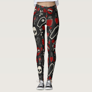 Gothic Vampire Pattern Red Roses Bats Skulls & P Leggings