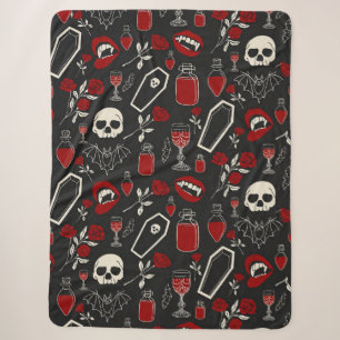 Gothic Vampire Pattern   Red Roses Bats Skulls & P Sherpa Blanket
